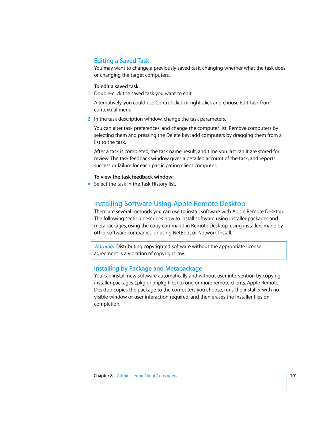 Apple 3 manual Installing Software Using Apple Remote Desktop, Editing a Saved Task, Installing by Package and Metapackage 