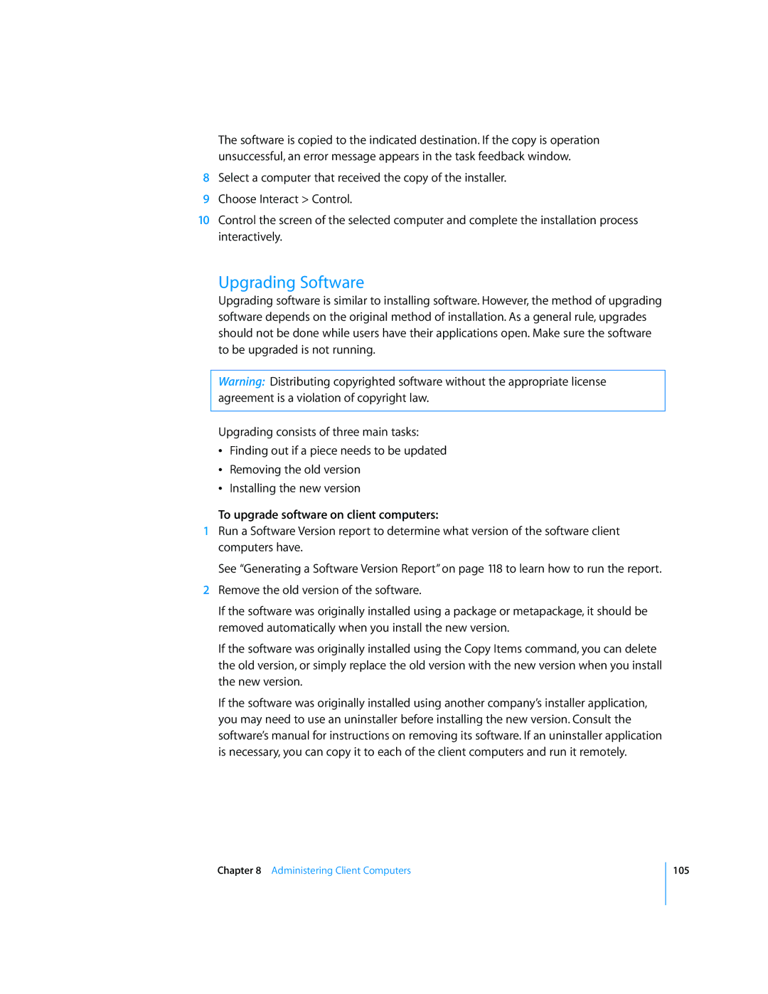 Apple 3 manual Upgrading Software, To upgrade software on client computers 