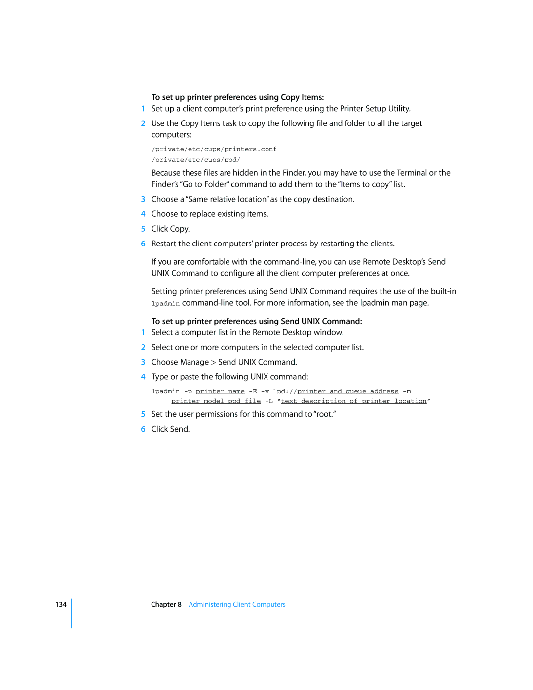 Apple 3 manual To set up printer preferences using Copy Items, To set up printer preferences using Send Unix Command 