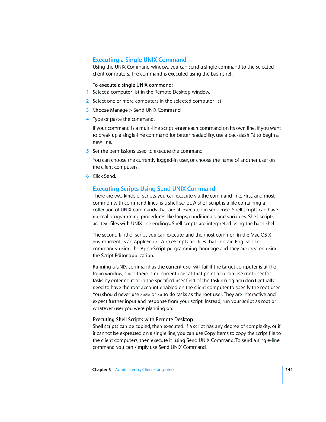 Apple 3 manual Executing a Single Unix Command, Executing Scripts Using Send Unix Command, To execute a single Unix command 