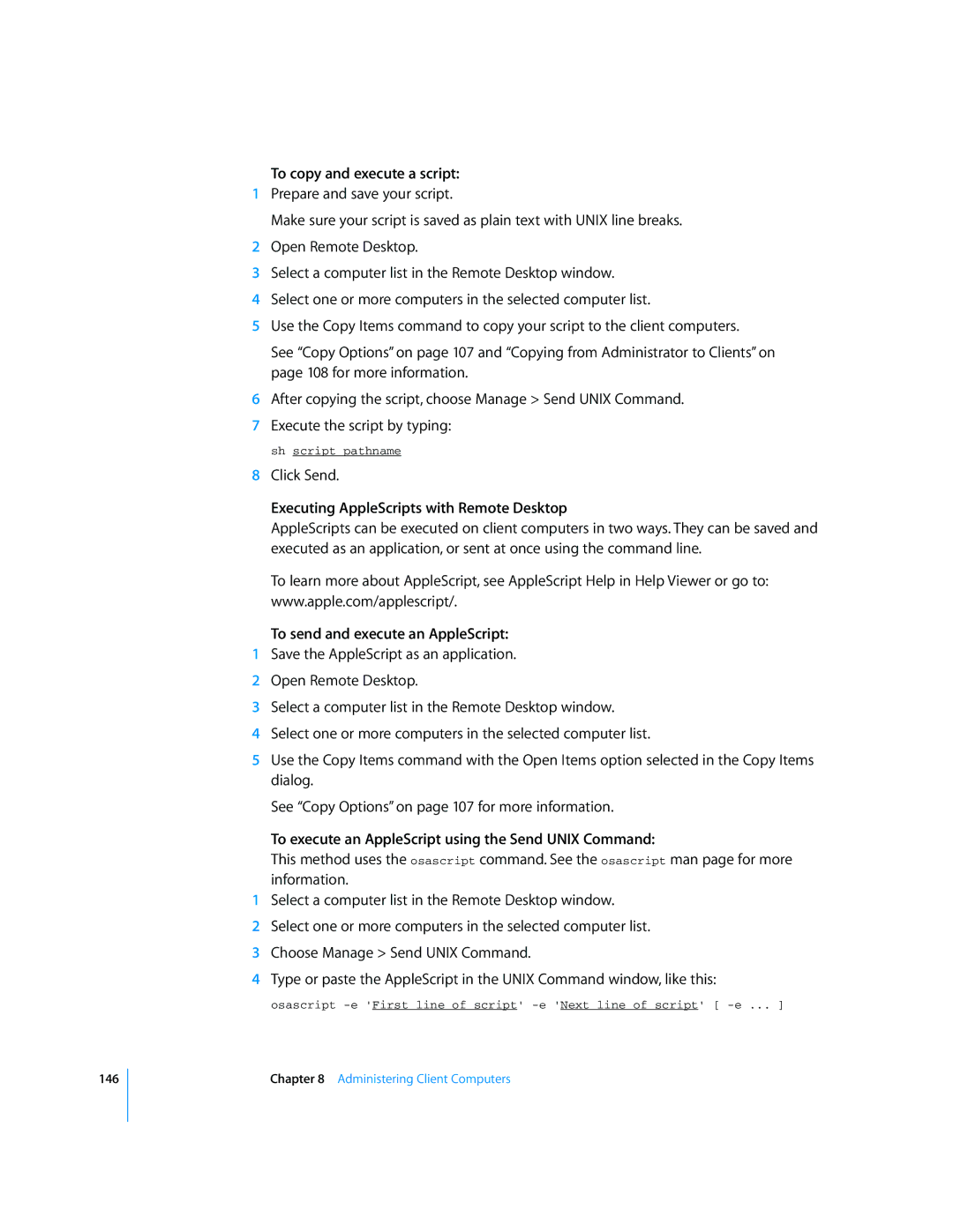 Apple 3 manual To copy and execute a script, Executing AppleScripts with Remote Desktop, To send and execute an AppleScript 