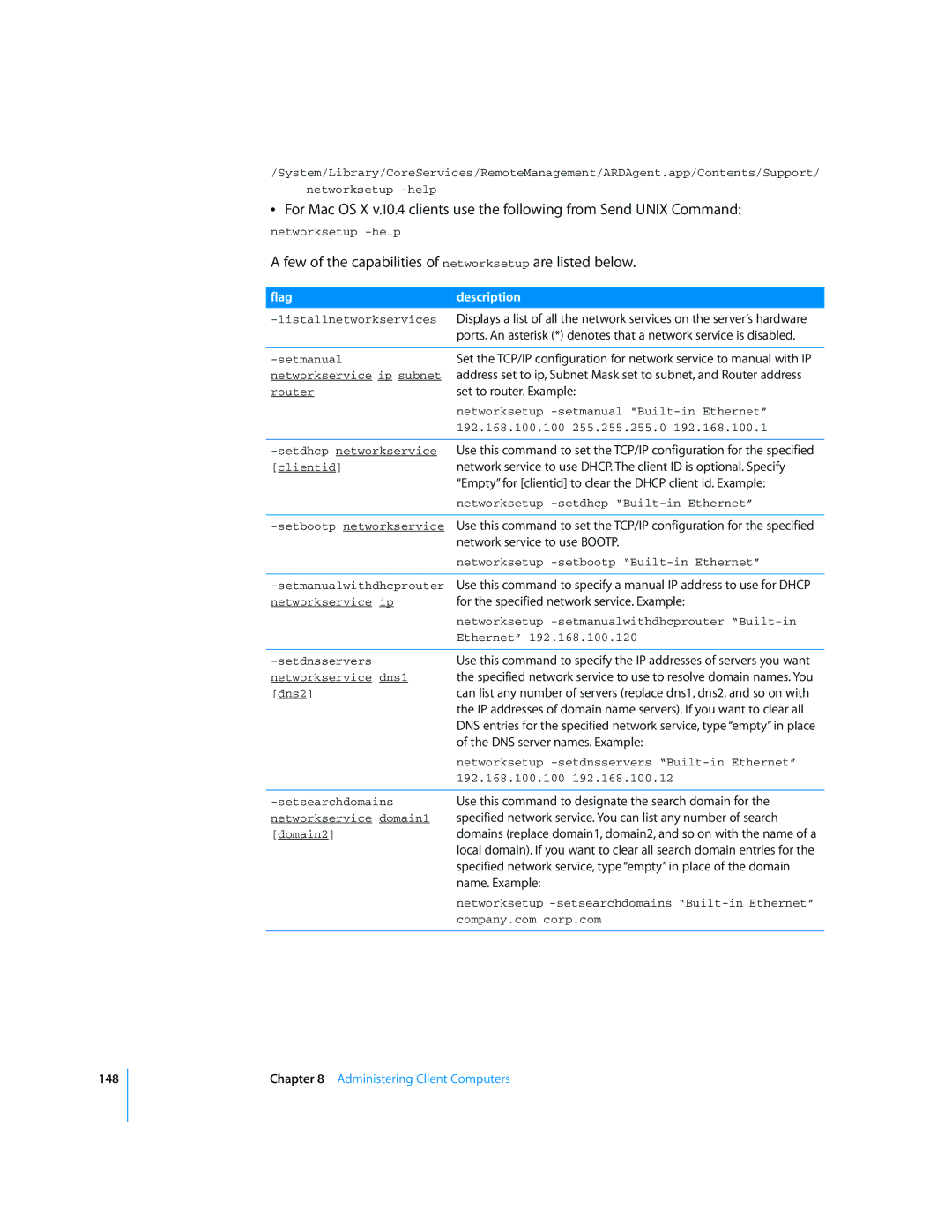 Apple 3 manual Few of the capabilities of networksetup are listed below 