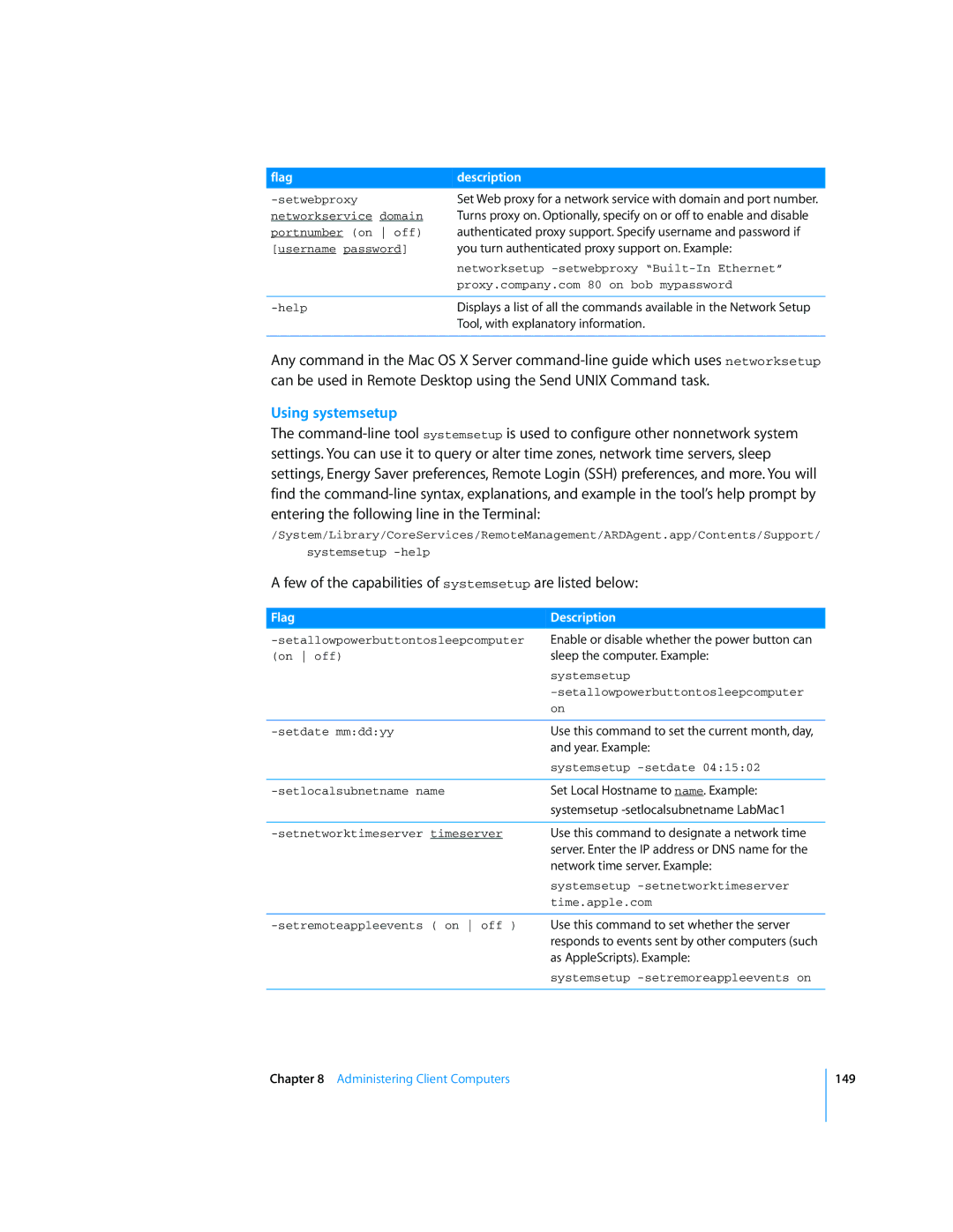 Apple 3 manual Using systemsetup, Few of the capabilities of systemsetup are listed below 