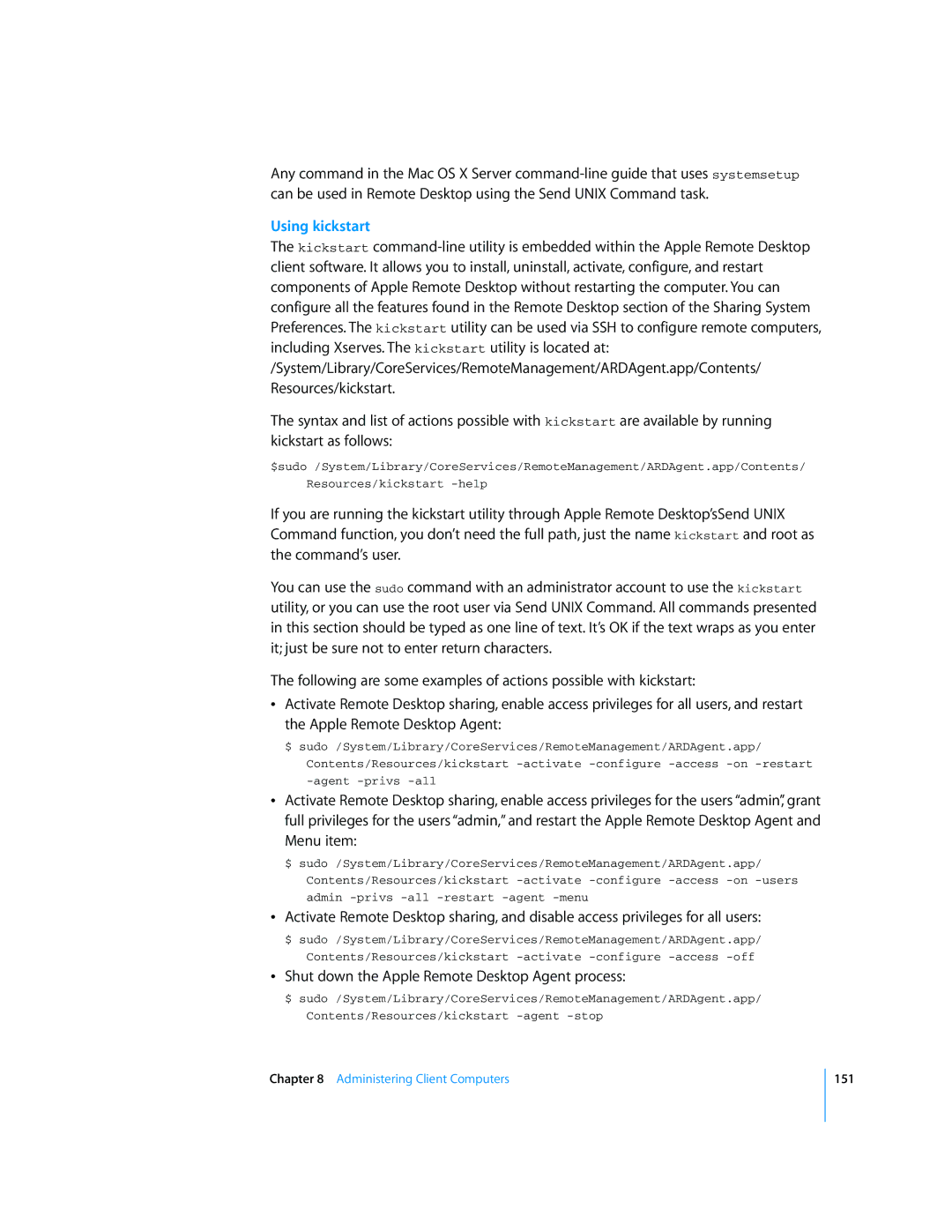 Apple 3 manual Using kickstart, Shut down the Apple Remote Desktop Agent process 