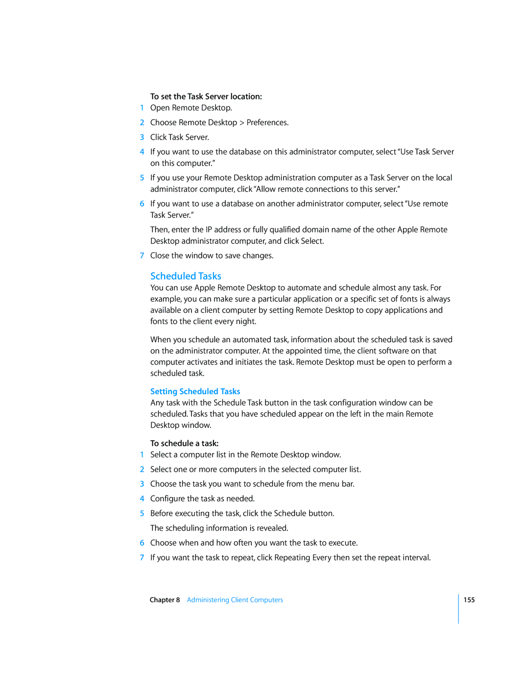 Apple 3 manual To set the Task Server location, Setting Scheduled Tasks, To schedule a task 