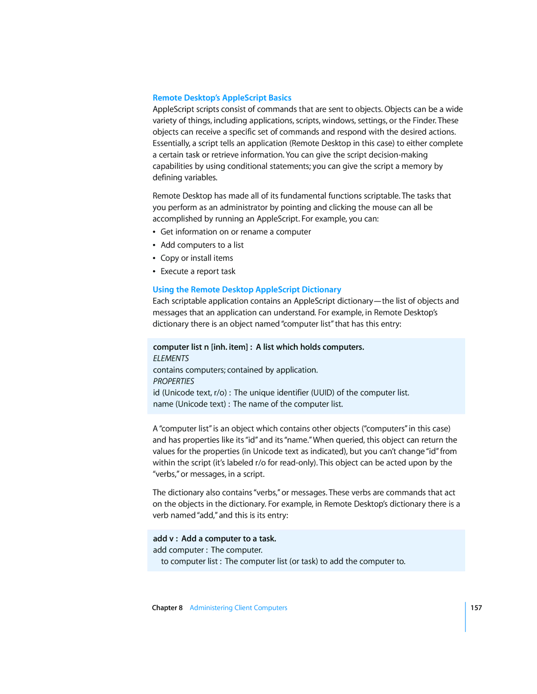Apple 3 manual Remote Desktop’s AppleScript Basics, Using the Remote Desktop AppleScript Dictionary 