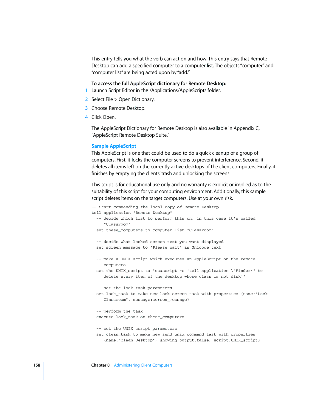 Apple 3 manual To access the full AppleScript dictionary for Remote Desktop, Sample AppleScript 