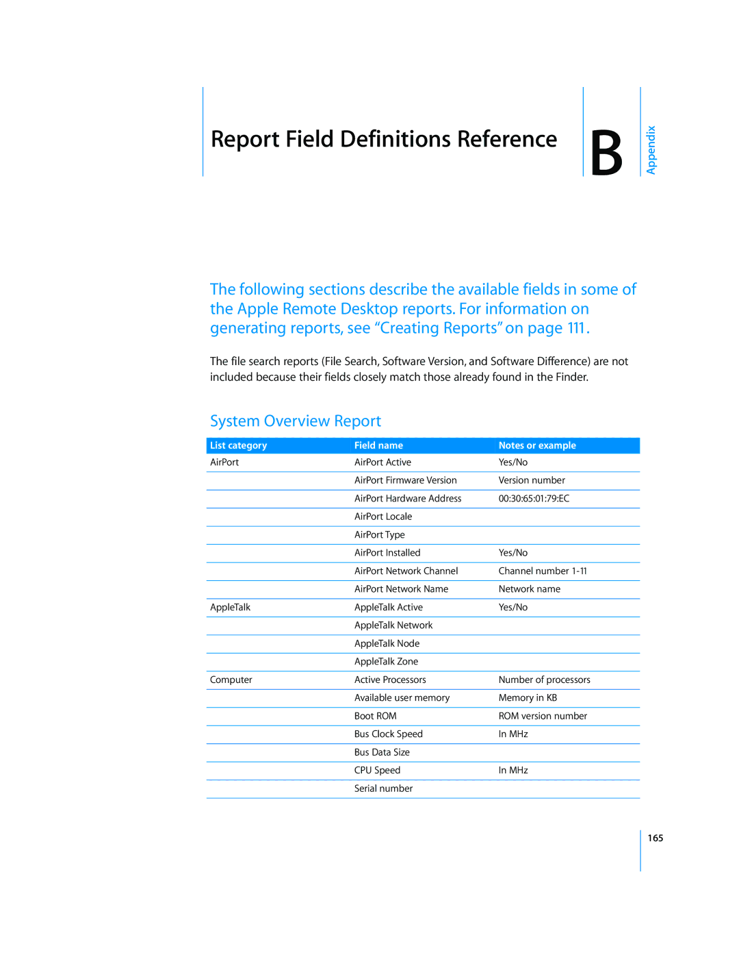 Apple 3 manual Report Field Definitions Reference B, System Overview Report 