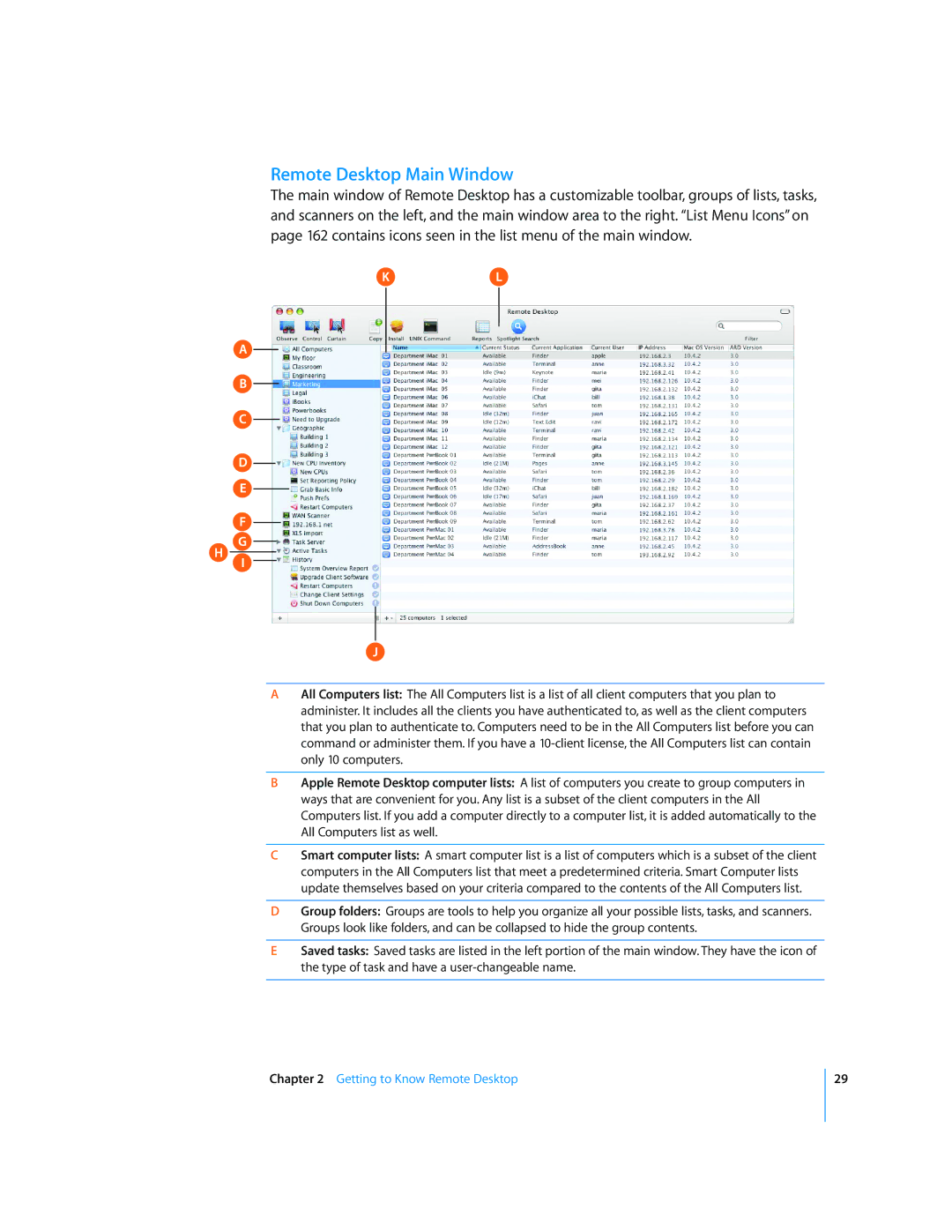 Apple 3 manual Remote Desktop Main Window, Getting to Know Remote Desktop 