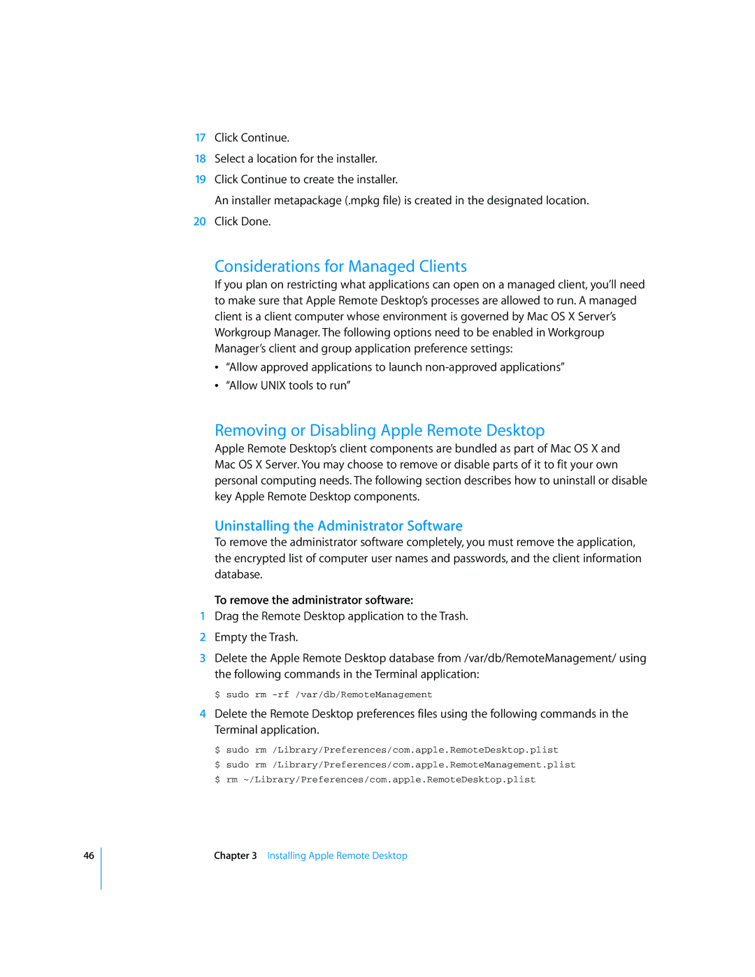 Apple 3 manual Considerations for Managed Clients, Removing or Disabling Apple Remote Desktop 