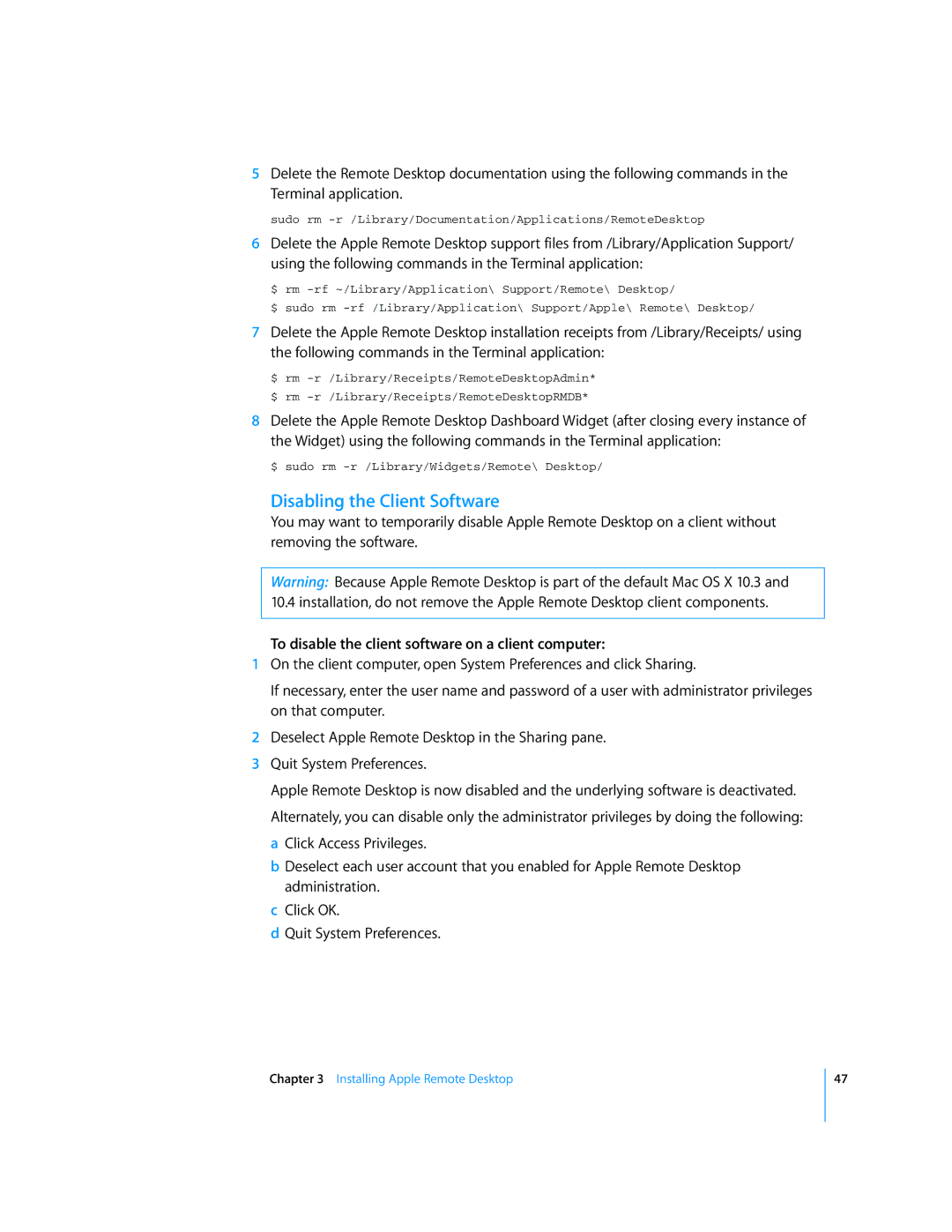 Apple 3 manual Disabling the Client Software, To disable the client software on a client computer 