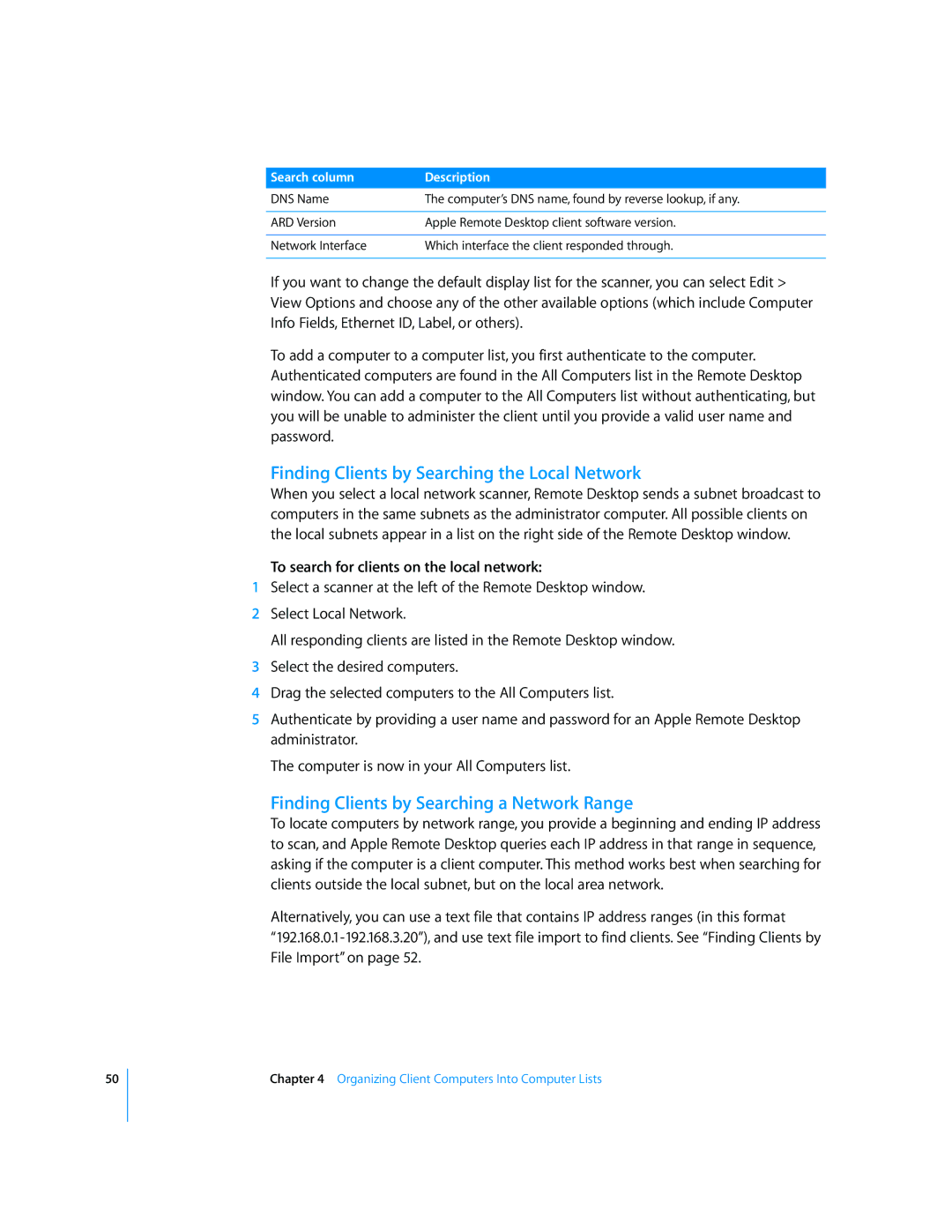 Apple 3 manual Finding Clients by Searching the Local Network, Finding Clients by Searching a Network Range 