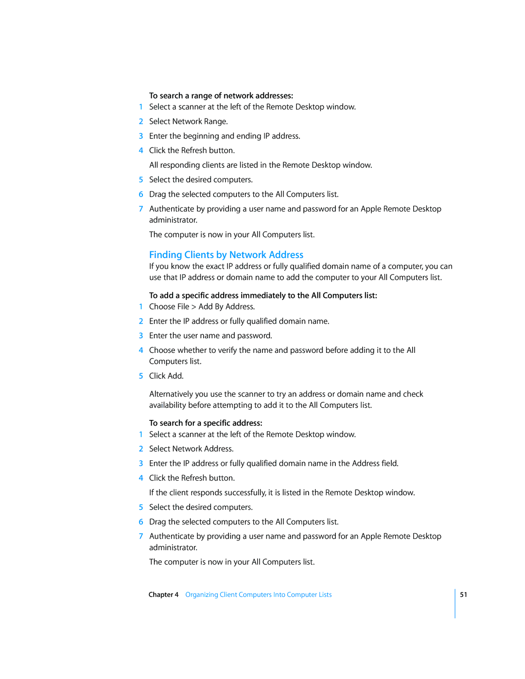 Apple 3 manual Finding Clients by Network Address, To search a range of network addresses, To search for a specific address 