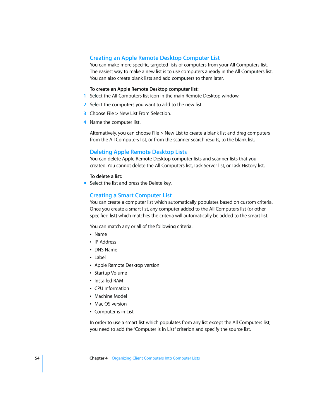 Apple 3 manual Creating an Apple Remote Desktop Computer List, Deleting Apple Remote Desktop Lists, To delete a list 