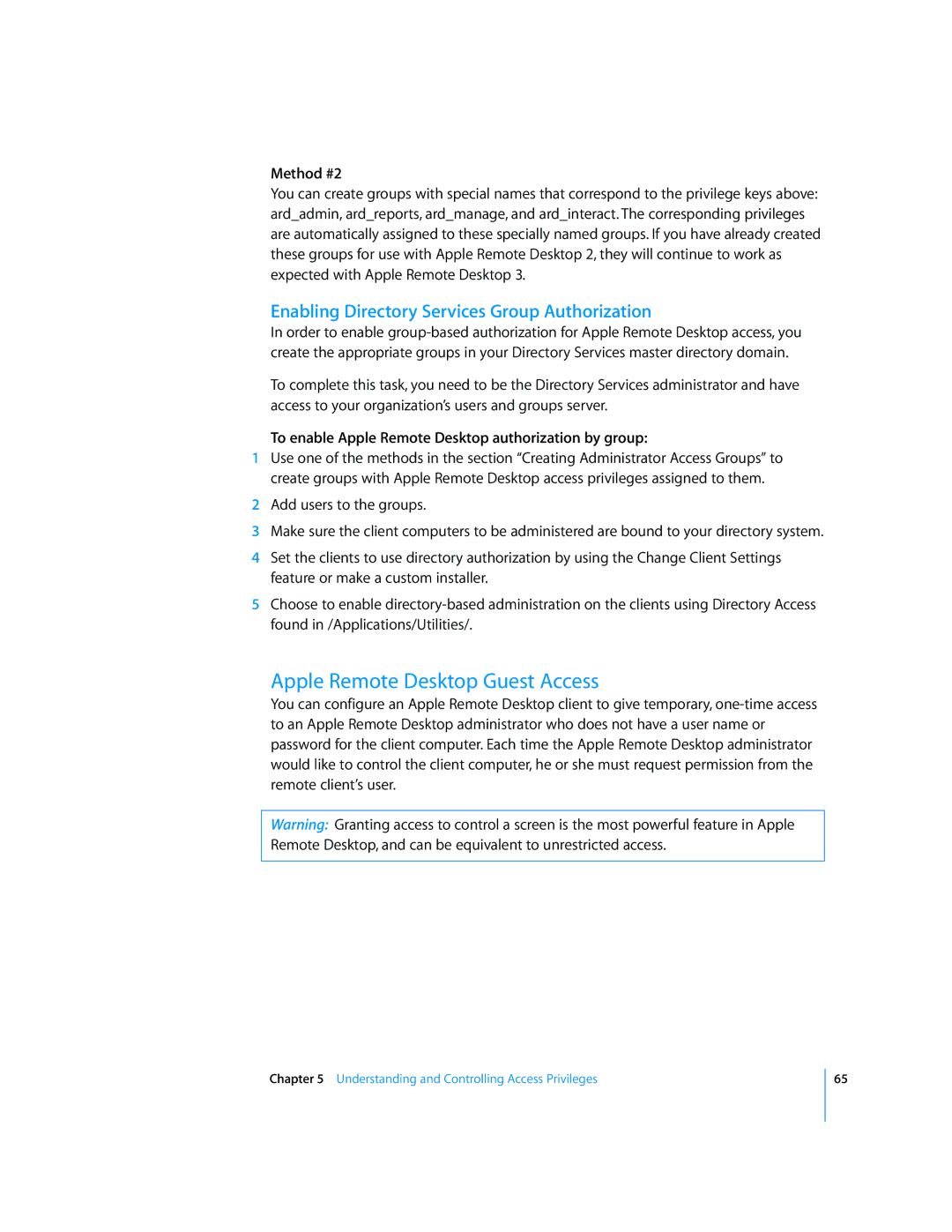 Apple 3 manual Apple Remote Desktop Guest Access, Enabling Directory Services Group Authorization, Method #2 