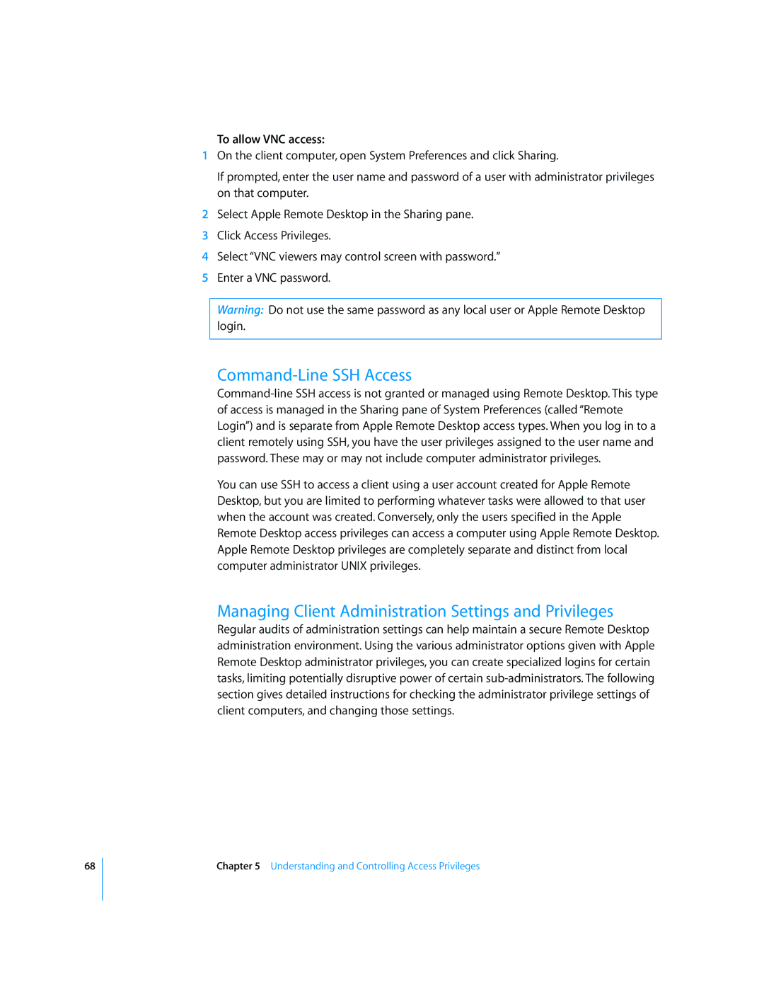 Apple 3 manual Command-Line SSH Access, Managing Client Administration Settings and Privileges, To allow VNC access 