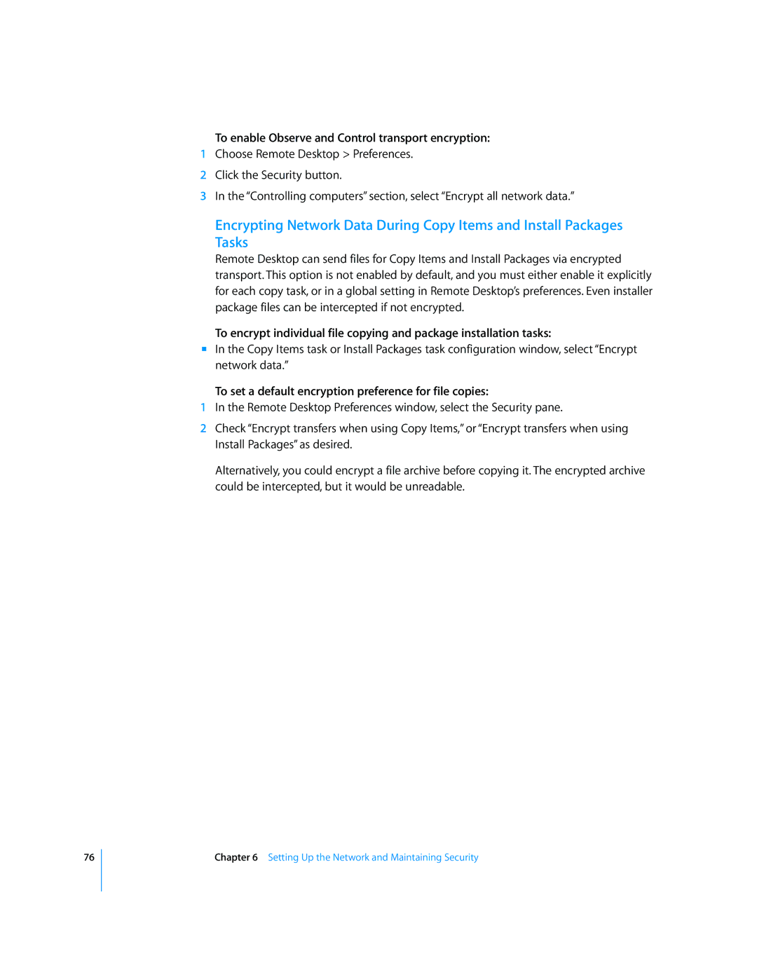 Apple 3 manual To enable Observe and Control transport encryption, To set a default encryption preference for file copies 