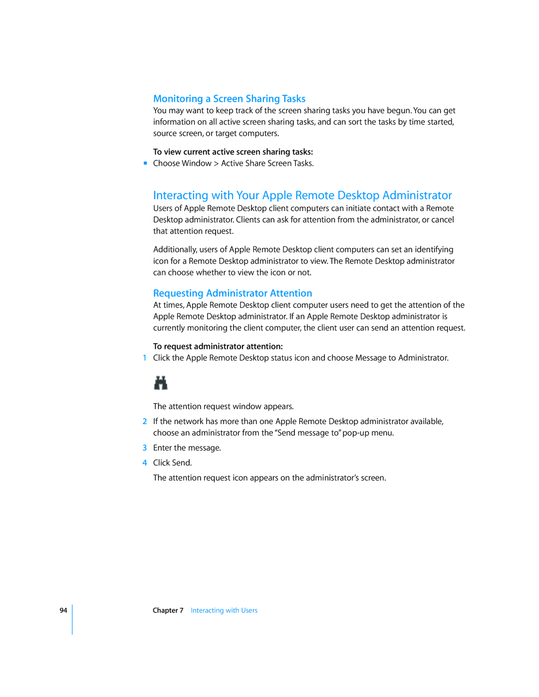 Apple 3 manual Interacting with Your Apple Remote Desktop Administrator, Monitoring a Screen Sharing Tasks 