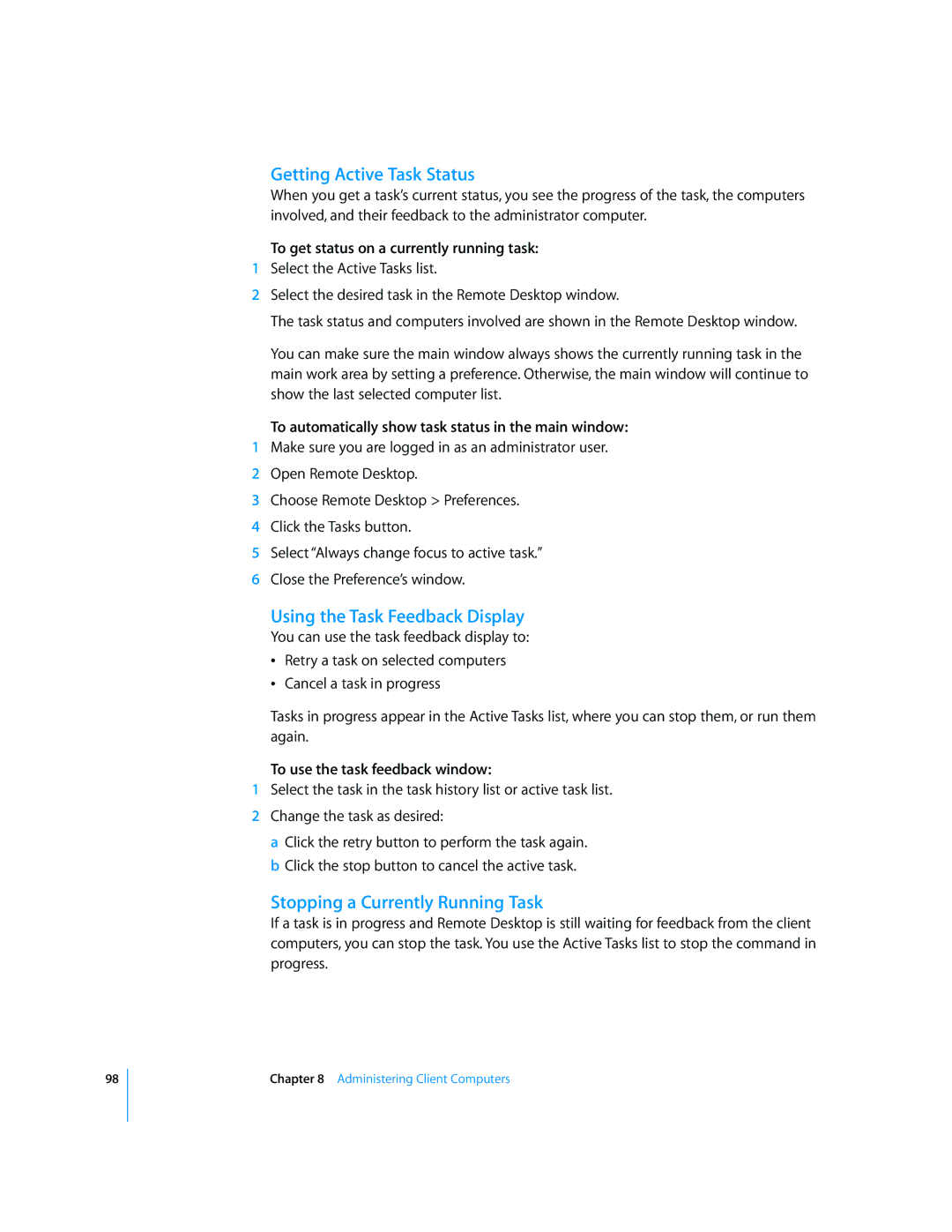 Apple 3 manual Getting Active Task Status, Using the Task Feedback Display, Stopping a Currently Running Task 