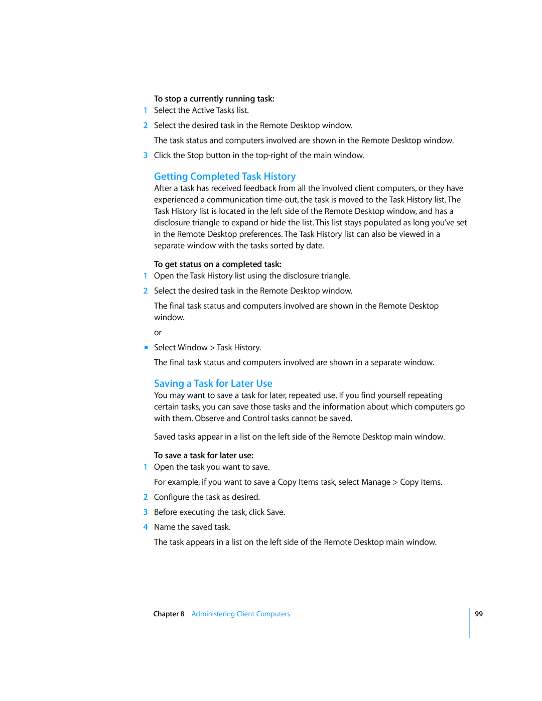 Apple 3 manual Getting Completed Task History, Saving a Task for Later Use, To stop a currently running task 