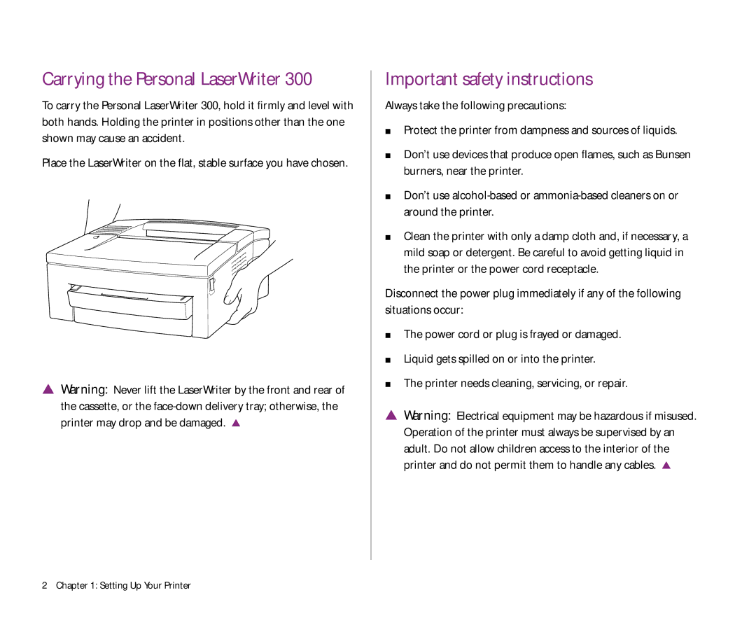 Apple 300 manual Important safety instructions, Carrying the Personal LaserWriter 