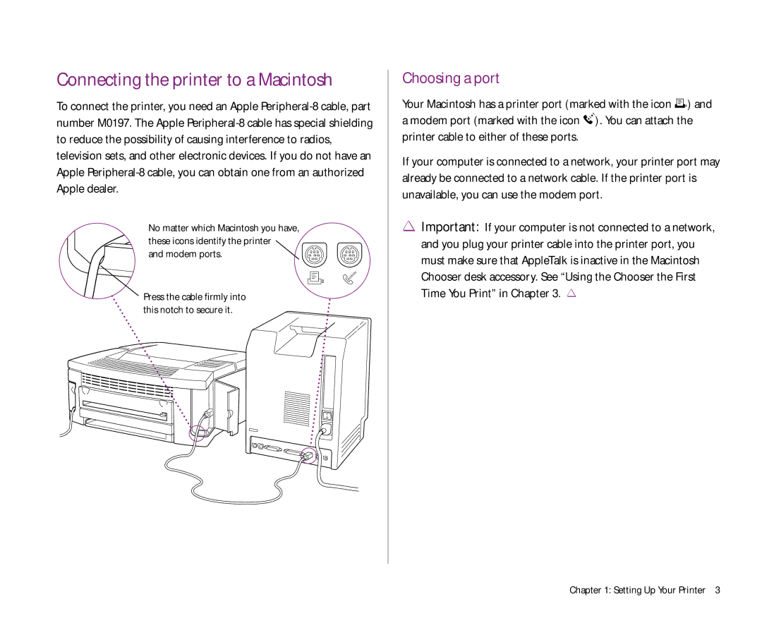 Apple 300 manual Connecting the printer to a Macintosh, Choosing a port 