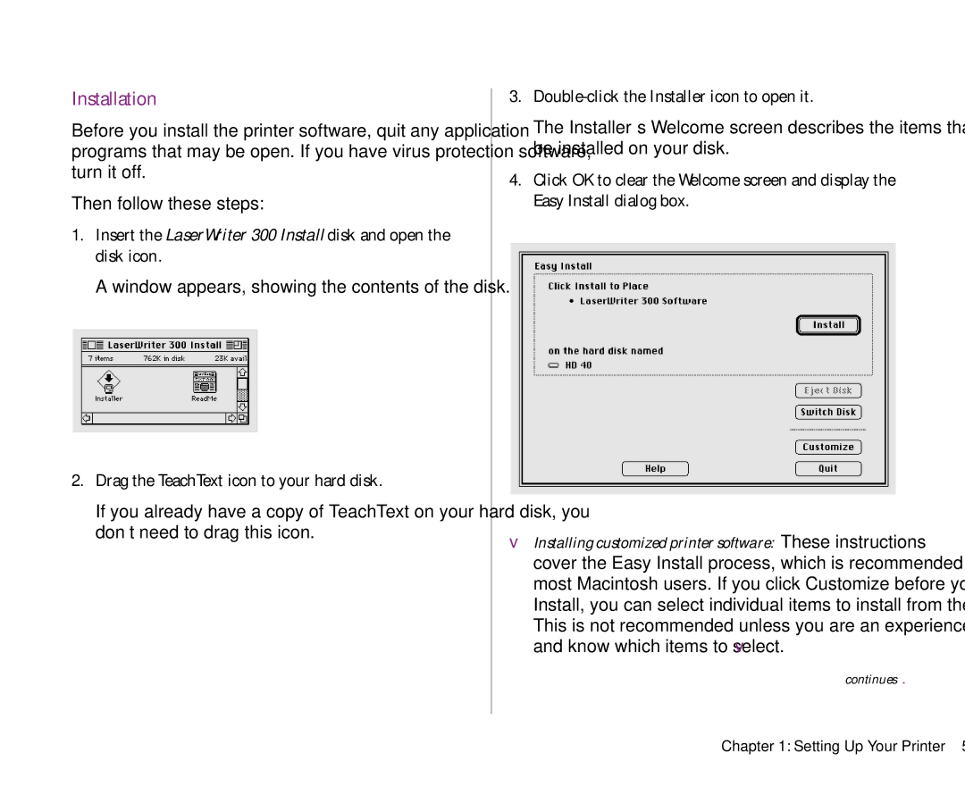 Apple 300 manual Installation, Drag the TeachText icon to your hard disk, Double-click the Installer icon to open it 