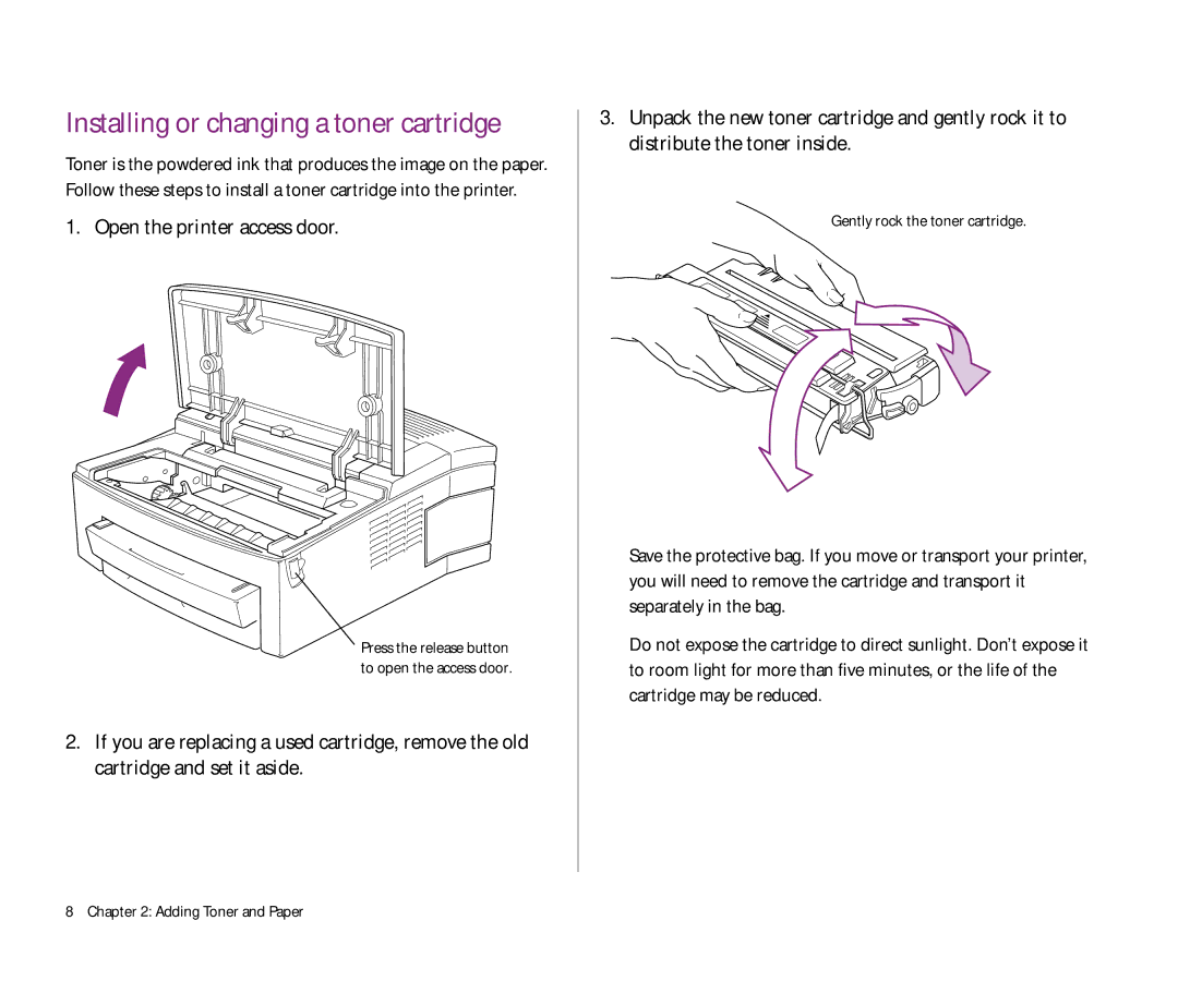 Apple 300 manual Installing or changing a toner cartridge 