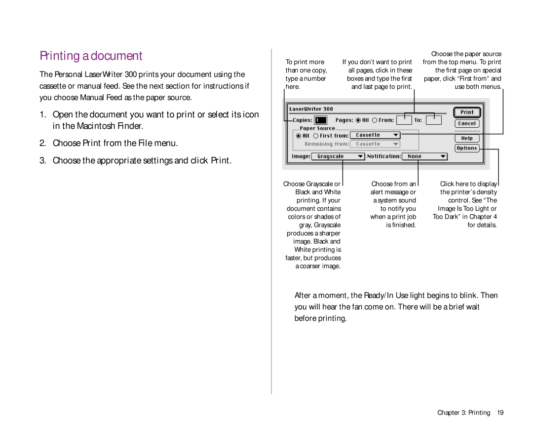 Apple 300 manual Printing a document, Use both menus 