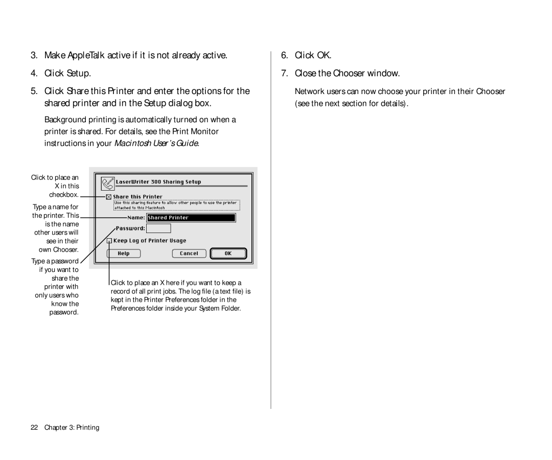 Apple 300 manual Click OK Close the Chooser window, Click to place an X in this checkbox 