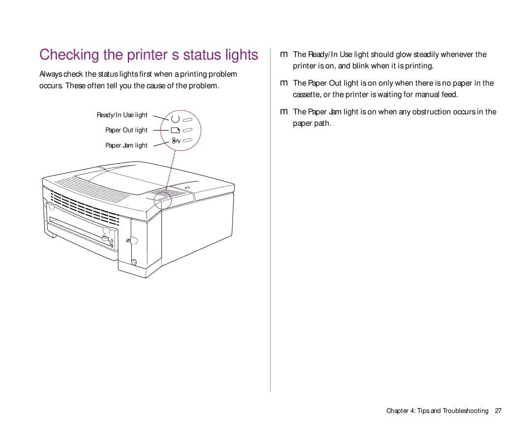 Apple 300 manual Checking the printer’s status lights 