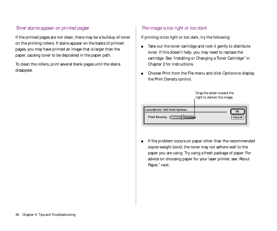 Apple 300 manual Toner stains appear on printed pages 