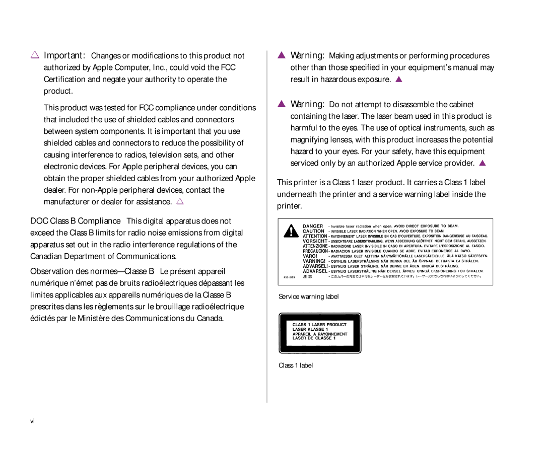 Apple 300 manual Service warning label Class 1 label 