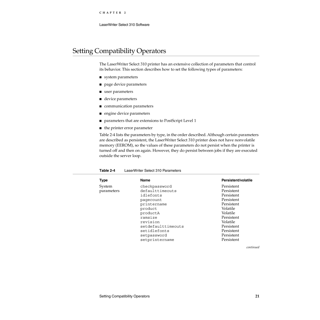 Apple 310 manual Setting Compatibility Operators 