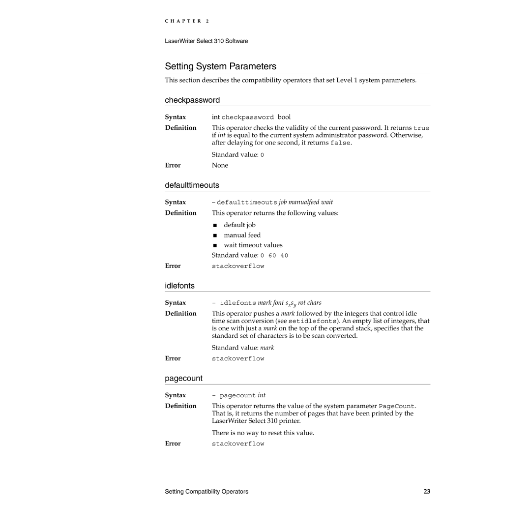 Apple 310 manual Setting System Parameters, Checkpassword, Defaulttimeouts, Idlefonts, Pagecount 