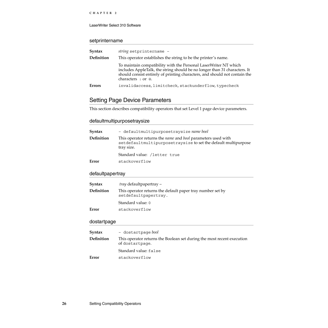 Apple 310 manual Setting Page Device Parameters, Setprintername, Defaultmultipurposetraysize, Defaultpapertray, Dostartpage 