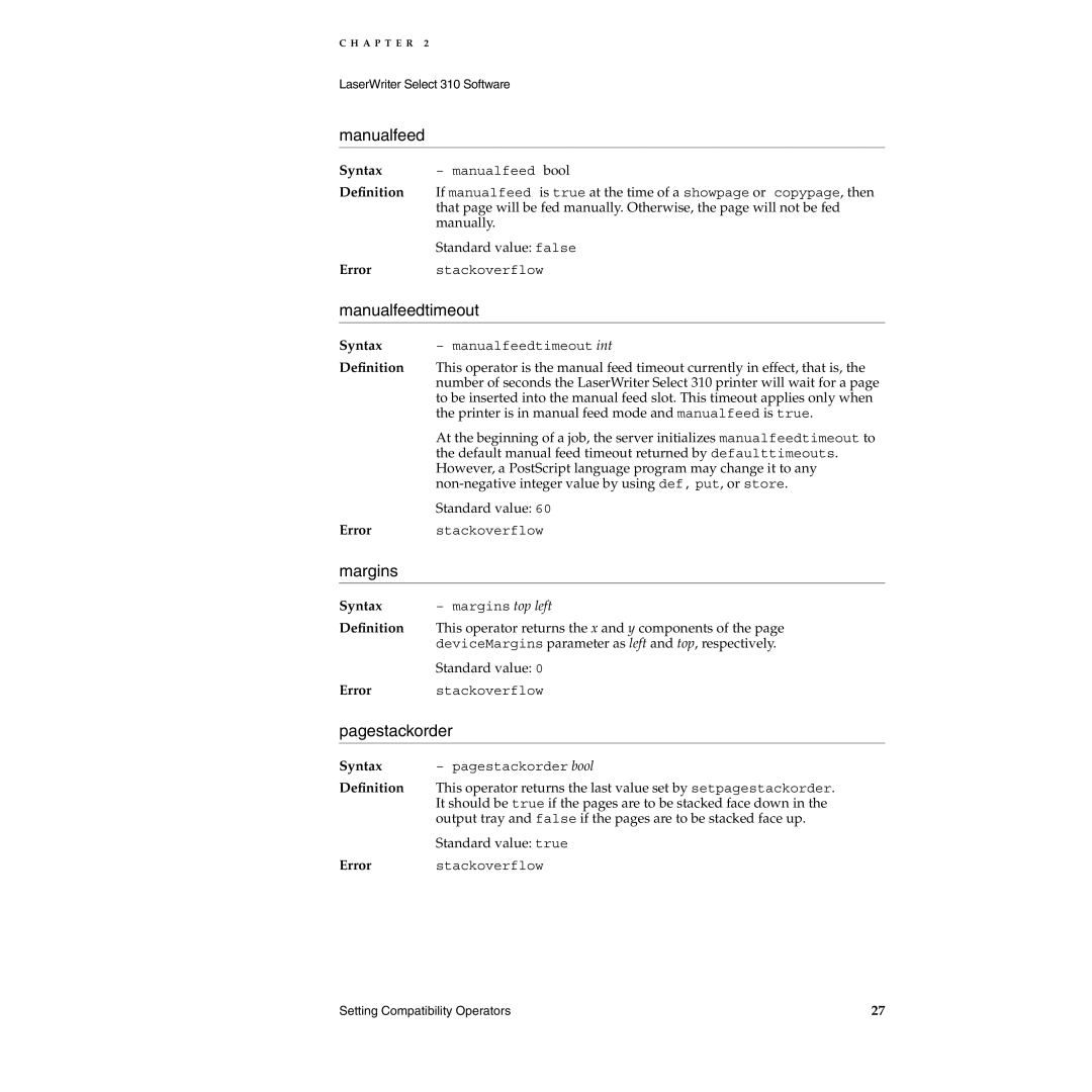 Apple 310 manual Manualfeedtimeout, Margins, Pagestackorder 