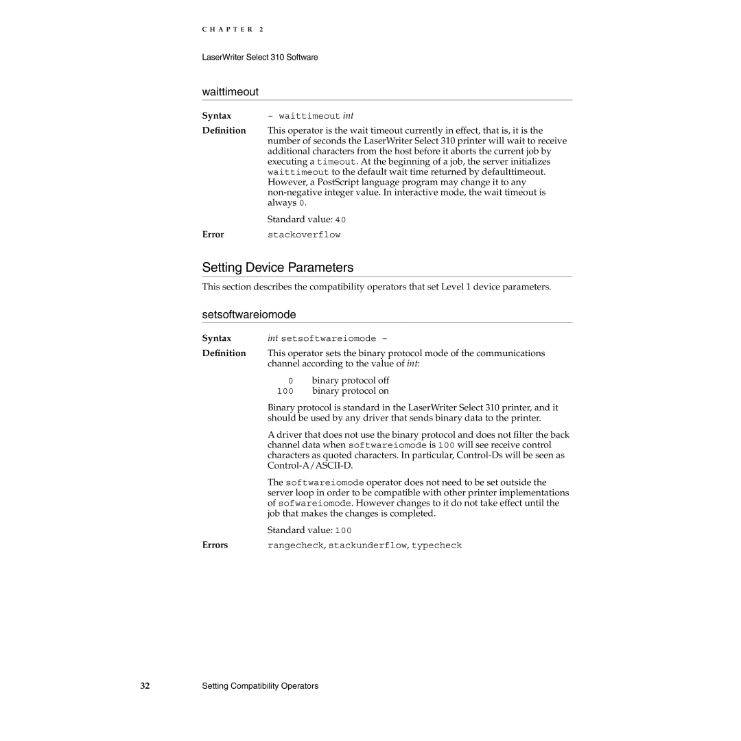 Apple 310 manual Setting Device Parameters, Waittimeout, Setsoftwareiomode 