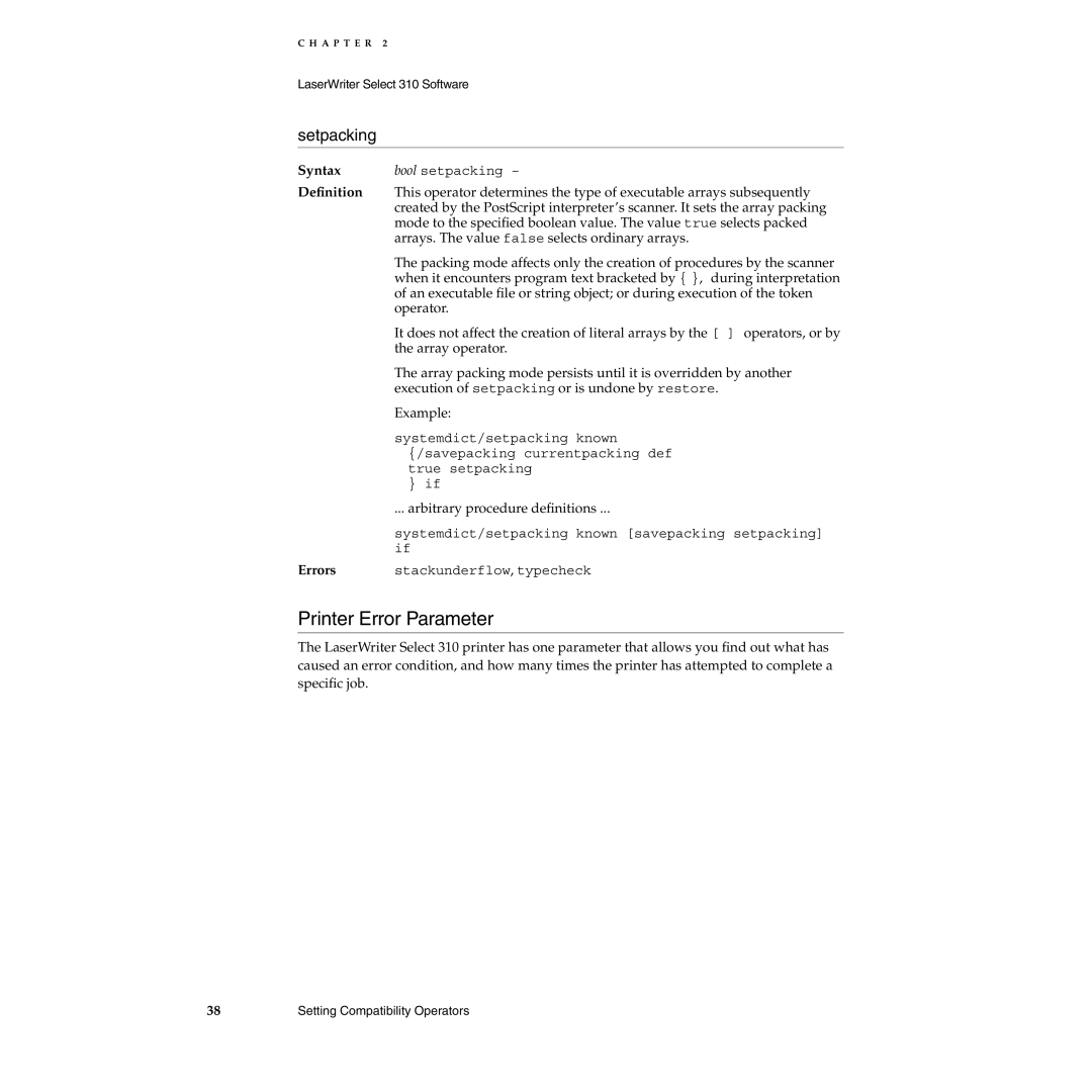 Apple 310 manual Printer Error Parameter, Setpacking 