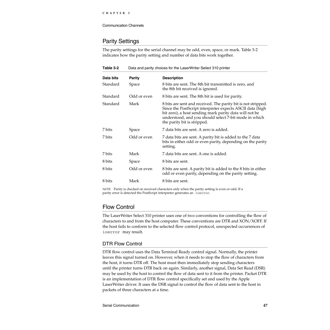 Apple 310 manual Parity Settings, DTR Flow Control 