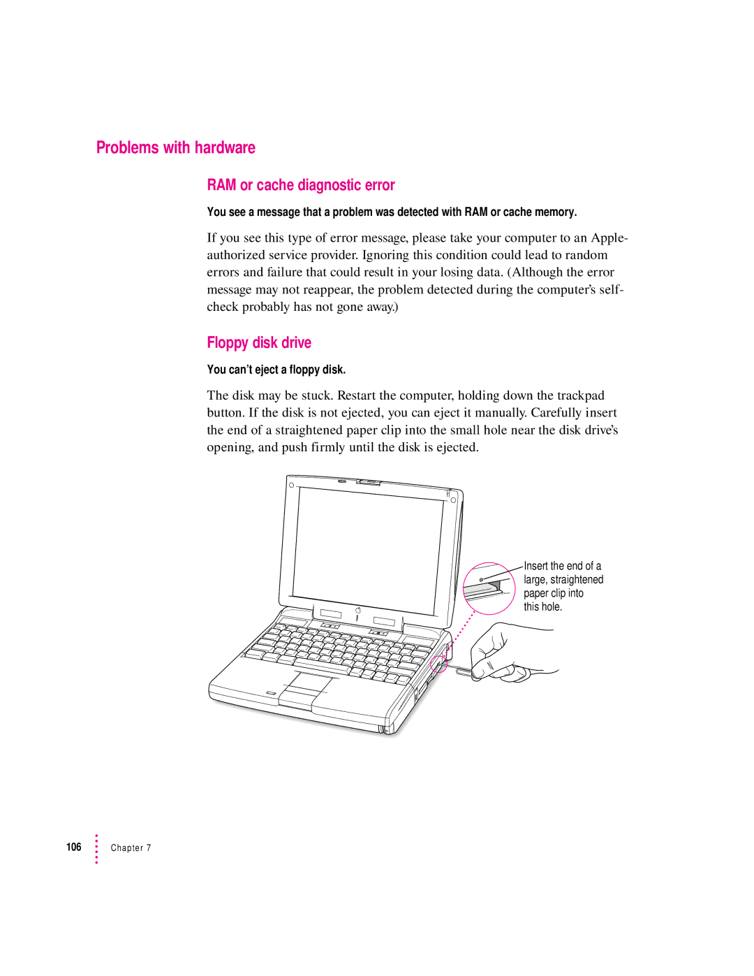 Apple 3400 Series manual Problems with hardware, RAM or cache diagnostic error, Floppy disk drive 