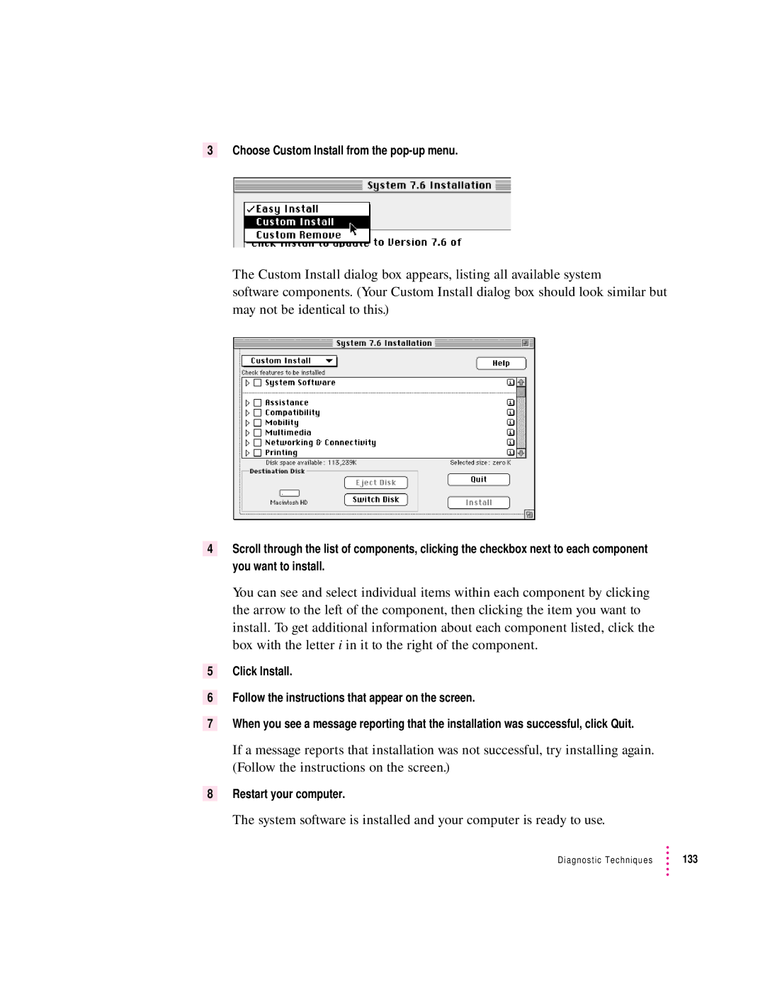 Apple 3400 Series manual Choose Custom Install from the pop-up menu 