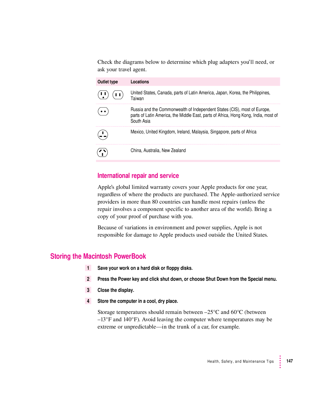 Apple 3400 Series manual Storing the Macintosh PowerBook, International repair and service 