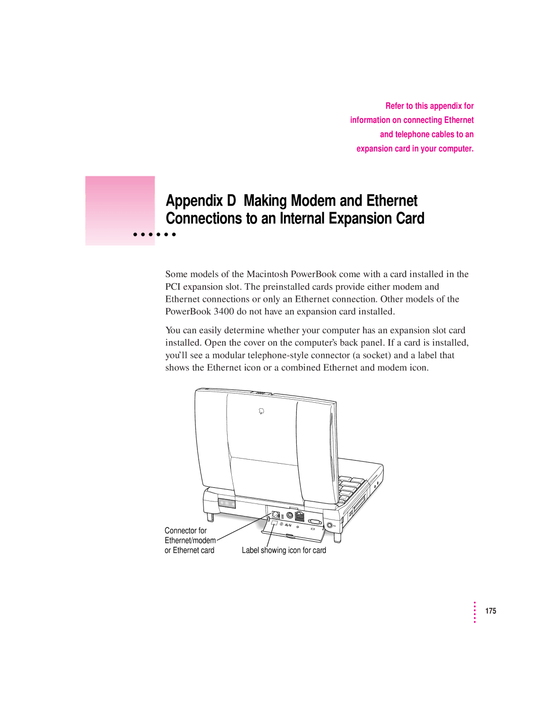 Apple 3400 Series manual Connector for Ethernet/modem Or Ethernet card 