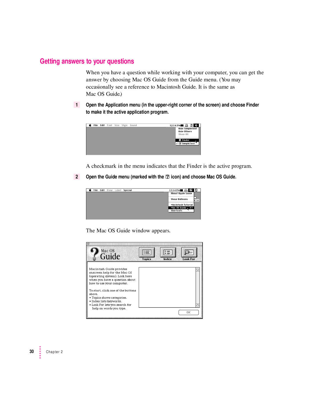 Apple 3400 Series manual Getting answers to your questions, Mac OS Guide window appears 
