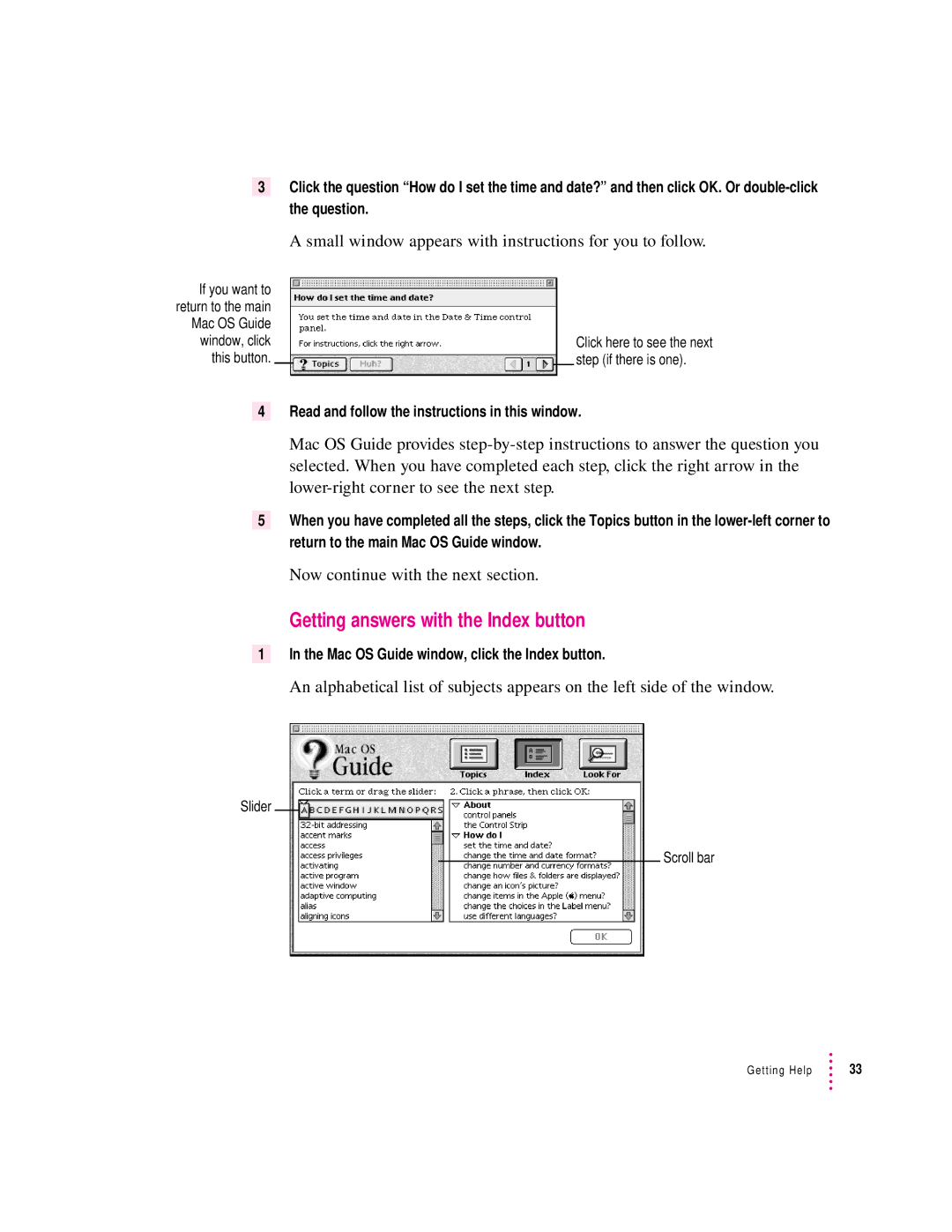 Apple 3400 Series manual Getting answers with the Index button, Small window appears with instructions for you to follow 