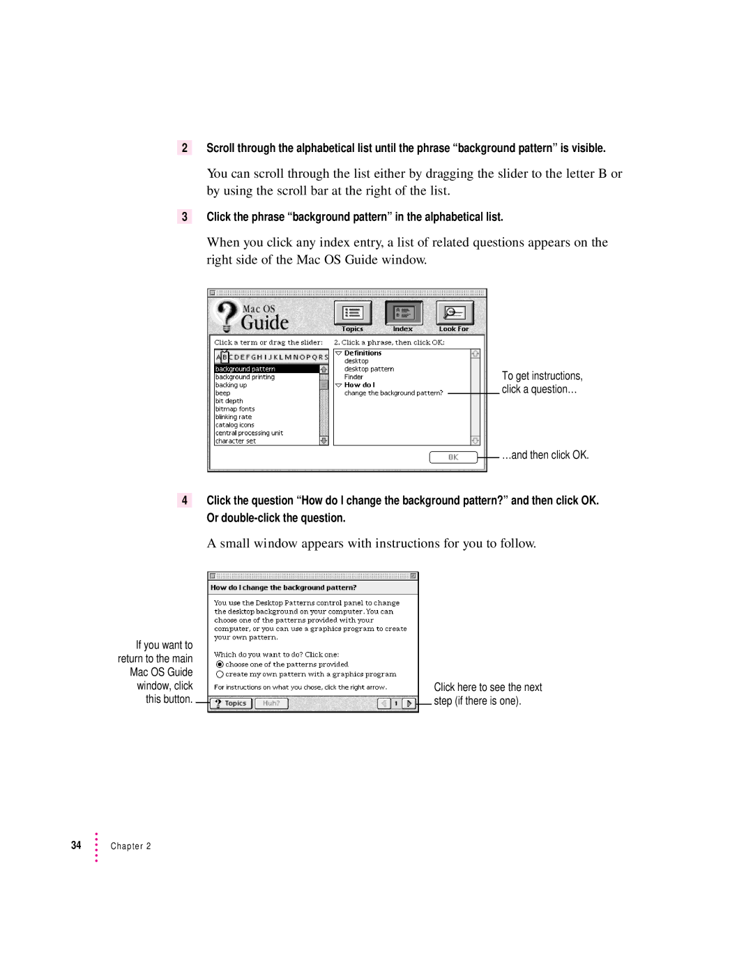 Apple 3400 Series manual Click the phrase background pattern in the alphabetical list 