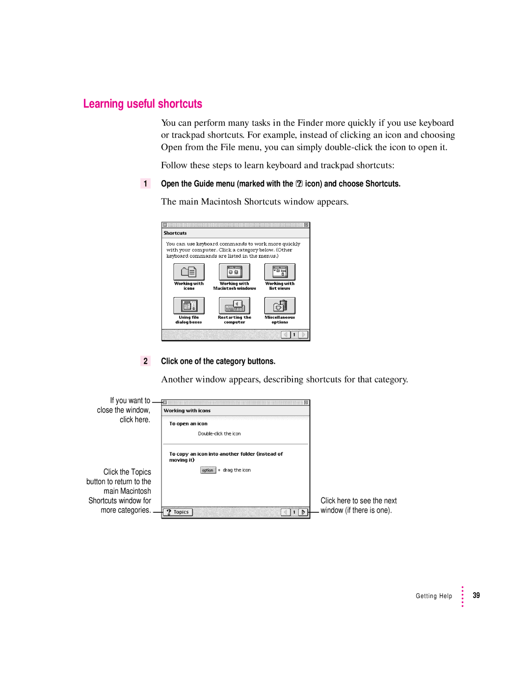 Apple 3400 Series manual Learning useful shortcuts, Main Macintosh Shortcuts window appears 