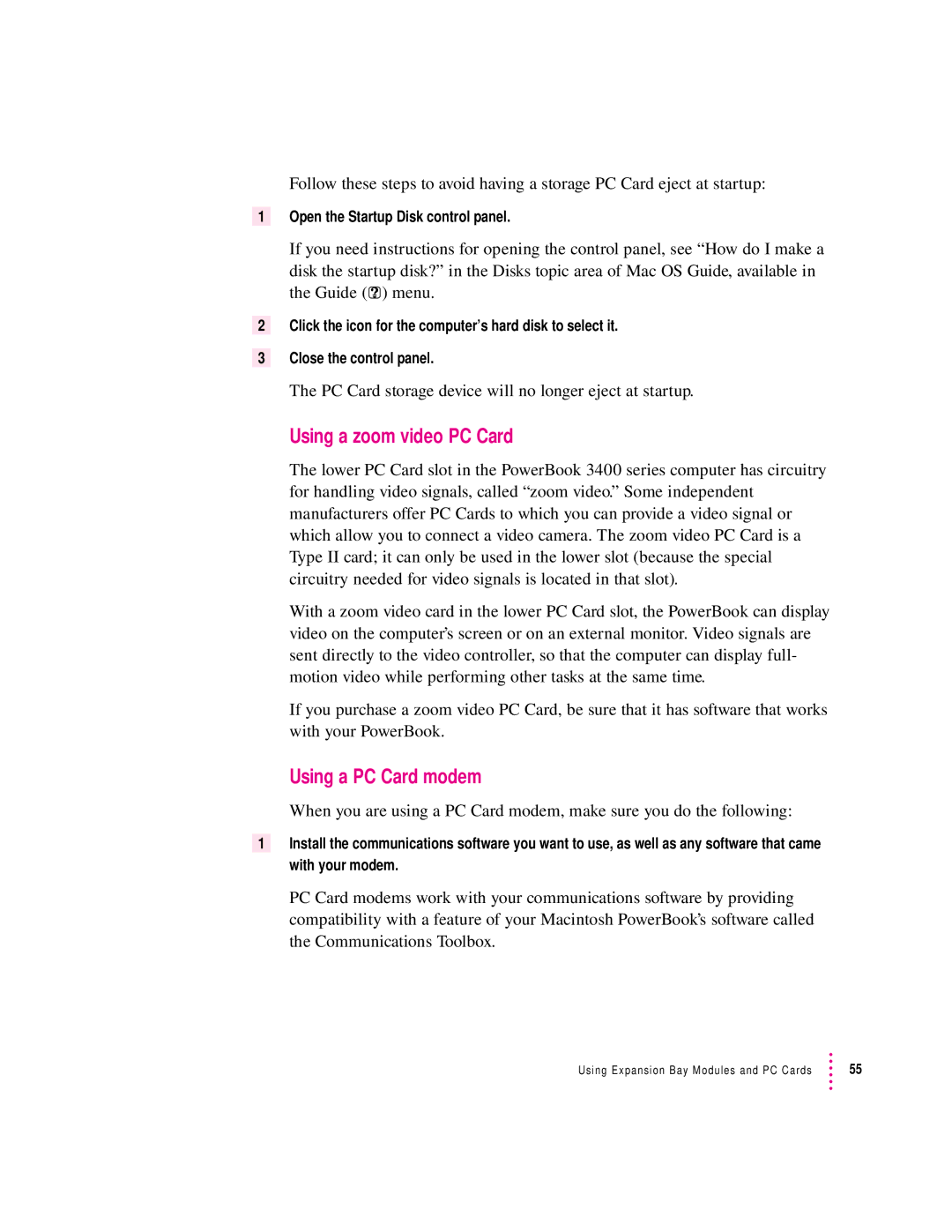 Apple 3400 Series manual Using a zoom video PC Card, Using a PC Card modem 