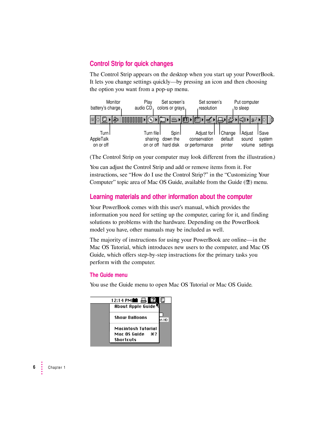 Apple 3400 Series Control Strip for quick changes, Learning materials and other information about the computer, Guide menu 